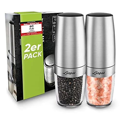 Liebfeld Elektrische Salz- und Pfeffermühle (2er Set) - Küchenhelfer für Gourmets: Mit innovativem Kippsensor und stufenlosem Keramikmahlwerk für perfekte Gewürzgrößen, aus hochwertigem Edelstahl.
