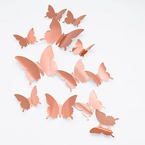 3D Schmetterling Wandaufkleber, CAYUDEN 24pcs 3 Größen Abnehmbare Spiegel Wandaufkleber Schmetterlinge zum Aufkleben DIY 3D Aufkleber Schmetterling für die Wand, Hochzeit, Partydekoration(Roségold)