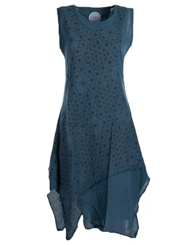 Vishes Alternative Bekleidung - Damen knielanges Kleid Baumwolle Geometrisch Lagenlook Armlos türkis 38