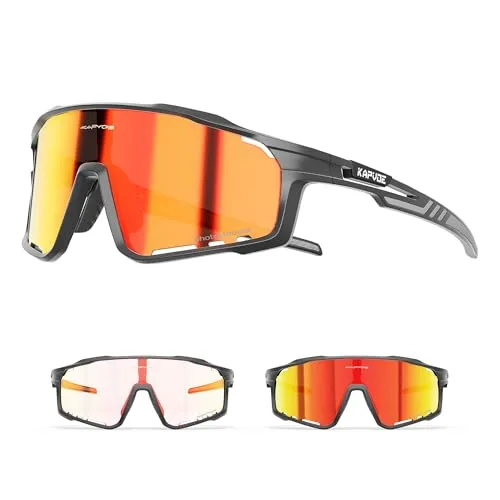 KAPVOE Fahrradbrille MTB Brille Selbsttönend Klar Radbrille Rennrad Sportbrille Sonnenbrille Radsport Laufen Golf Fahrerbrille Baseball Herren Damen Rot Schwarz 01