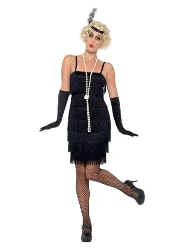 Smiffys Flapper Kostüm Schwarz mit Kleid & Accessoires - Damen Kostüm-Outfit für Karneval und Halloween, inklusive Kleid, Kopfschmuck und Handschuhen. Leichtes Material für hohen Tragekomfort und einfaches An- und Ausziehen.