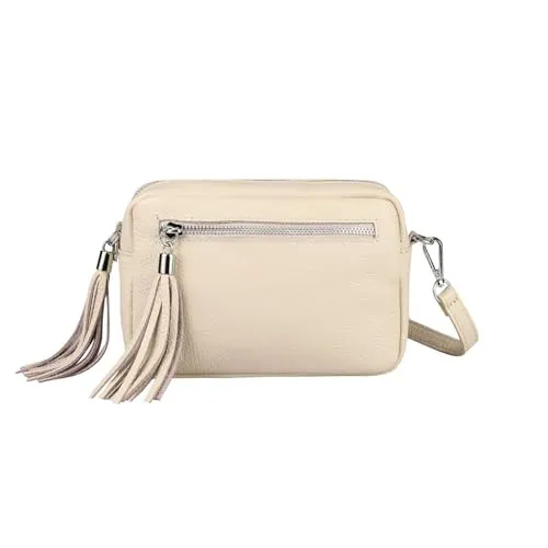 OBC Made in Italy Damen Leder Tasche Umhängetasche Schultertasche Beuteltasche Cross-Over Cross Bag Glattleder Schmucktasche Fransen Ledertasche (Beige)