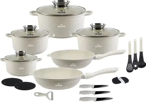 ZILNER 21tlg. Beige Topfset – Elegantes Design & Hochwertige Qualität - Premium Topfset für jede Küche – 21-teilig mit marmorierter Antihaftbeschichtung für gesundes Kochen und einfache Reinigung. Ideal für alle Herdarten und perfekte Geschenkidee!