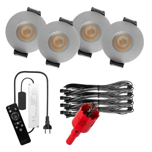 S-Polytec PREMIUM Mini LED- Einbauspots Kaltweiss 6.000K, DIMMBAR, IP65, FUNK 3W Einbaustrahler Terrassenüberdachung, Bad, Sauna mit Fernbedienung (SILBER, 4x LED-SET (Kaltweiß))
