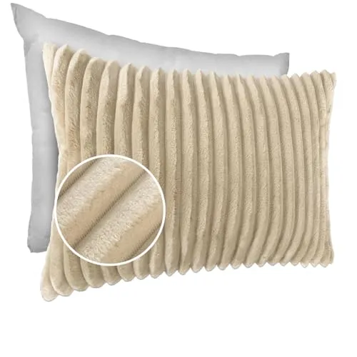 Dekokissen Kissenbezug Sofakissen Pillow Plüsch Kuschelkissen Zierkissen Cord Kissen Couchkissen Kord Kissenhülle ultraweich gestreift Lilli 30x50cm mit Füllung Creme