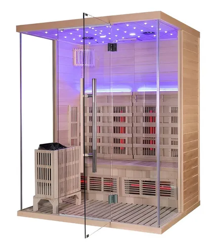 Zweifach-System Sauna: Infrarot & Trockendampfsauna mit Saunaofen - Moderne Infrarot- und Trockendampfsauna für 2 Personen aus hochwertigem Massivholz. Genießen Sie entspannende Momente mit einem Sawo Ofen und geprüfter Qualität. Maße: 150 x 110 x 190 cm.