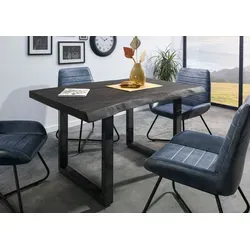 Baumtisch Mango 140x90x77 cm - Grau lackiert mit U-Beinen - Einzigartiger Esstisch aus Mango Massivholz mit individueller Baumkante. Edle graue Lackierung schützt und hebt die Holzmaserung hervor. Modernes Design mit glänzendem Eisengestell. Entdecken Sie die Vielfalt der FREEFORM 5 Serie!