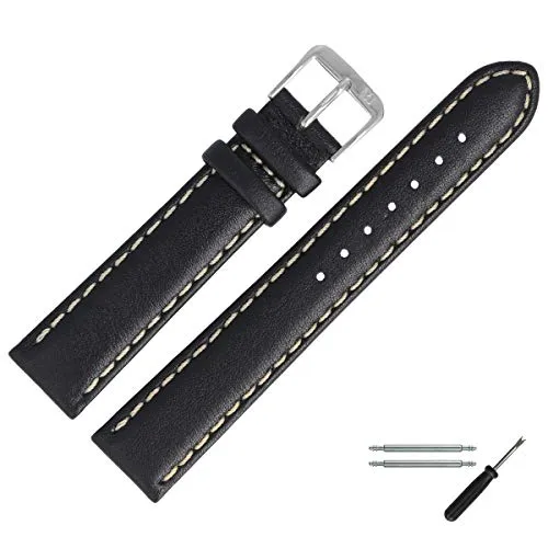 MARBURGER Uhrenarmband 22mm Leder Schwarz Silber Glatt Mit Naht - Montage Set 8062210000120