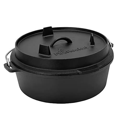 FireRocket Dutch Oven 6 qt 5,5 L | Premium Gusseisen Schmortopf ohne Füße | Gusstopf Feuertopf niederländischer Kochtopf | Gasgrill offenes Feuer