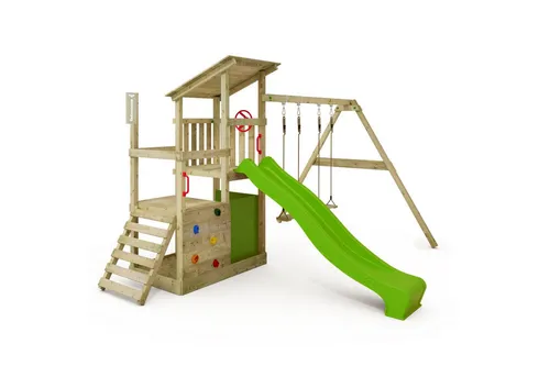 FATMOOSE Spielturm Klettergerüst FruityForest Fun XXL - Schaukeln und Spielen im Freien! Mit Schaukel, apfelgrüner Rutsche, Sandkasten und viel Zubehör bietet dieser Spielturm endlosen Spaß für Kinder im Garten.