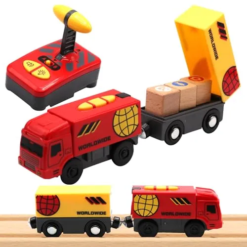 OBEST Eisenbahn Zug Elektrische RC Holzeisenbahn Spielzeug, Lokomotive Kompatibel mit Holzschienen Kinder, Spielzeugzug Bahn, Kleinlastwagen Spielzeug für Kinder ab 3 Jahren