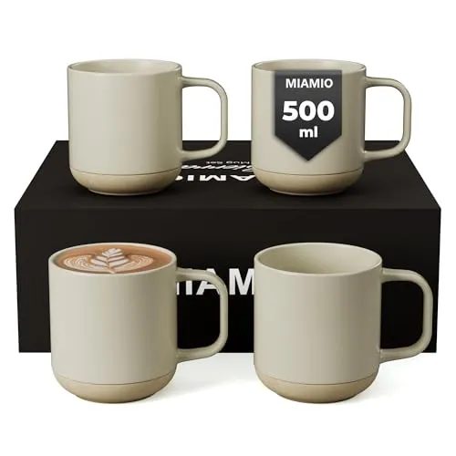 MIAMIO – Kaffeetassen Set 4er / Kaffee Becher Keramik (500 ml) für Kaffee, Cappuccino, Latte Macchiato, Tee, Espresso/Spülmaschinen- und mikrowellengeeignet– Sierra Kollektion (Hell, Becher(4x))