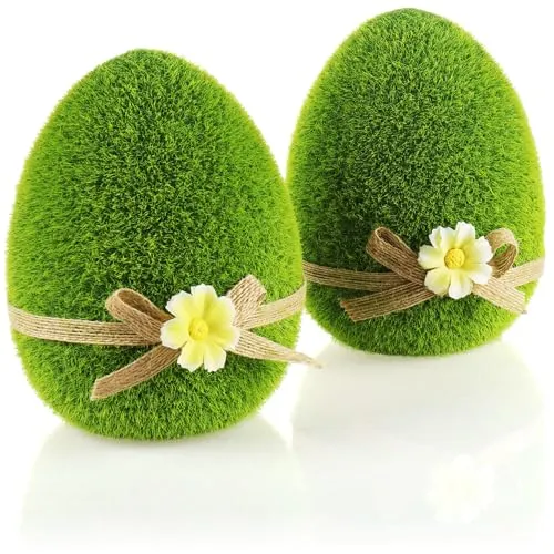 com-four® 2X Dekofigur - Osterei mit Schleife und Blumen - grüne Deko-Figuren für Frühling und Ostern - Keramik-Eier mit Kunst-Gras überzogen - Osterdeko (2 x Ei - 15cm)