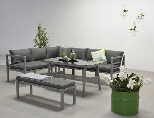 Garden Impressions BLAKES Alu Ecklounge - Moderne Gartenmöbel Sitzgruppe - Stylische Aluminium-Ecklounge für eine elegante Terrasse, extra hohe Ausführung für komfortables Essen, inklusive Tisch, Bank und Kissen.