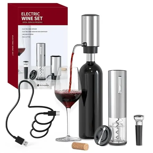 CIRCLE JOY Elektrisches Weinöffner-Set 4-in-1-Weinset mit Wiederaufladbarem Korkenzieher, Wiederaufladbarem Weinbelüfter, Folienschneider und Vakuum-Weinstopfen, Geschenkset für Weinliebhaber, Silber