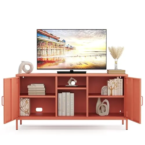 furni24 Metall TV-Schrank – Retro TV Lowboard – Möbel mit Türen und verstellbaren Ablagen – Robuste und stilvolle Aufbewahrungslösung für das Wohnzimmer- mit 3 Regalen, Lachsfarben