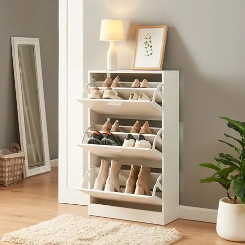 [en.casa] Schuhschrank Sykkylven – 3 Klappen Schuhkommode für 12 Paar Schuhe - Schuhschrank in Weiß, der mit cleveren Klappenfächern, herausnehmbaren Einlegeböden und pflegeleichter Oberfläche perfekten Stauraum für Ihre Schuhe bietet.