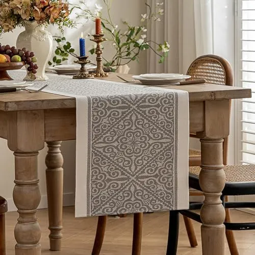 Baumwolle Leinen Tischläufer 35 x 180 cm, Frühlingsdeko Tischläufer mit Lotuseffekt, Abwaschbar und Wasserabweisend, Modern Geometrisches Musterdesign Dekoration Table Runner für Esstisch und Party