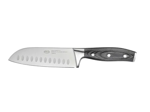 RÖSLE WOLFGREY Santokumesser 15cm - Spickmesser für präzises Schneiden von Fleisch, Fisch und Gemüse – mit Kullenschliff für weniger Anhaften und ergonomischem Pakkaholzgriff für angenehme Handhabung.