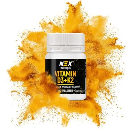 NEX Vitamin D3 + K2 Tabletten | 50 µg D3 & 100 µg K2 pro Tablette | für Knochen, Muskelfunktion & Calciumstoffwechsel | hochergiebig & vegetarisch | 180 Tabletten (1)