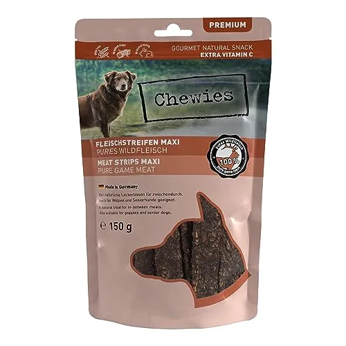 Chewies Fleischstreifen MAXI Hundeleckerli aus 100% Wildfleisch - 150g - Fleischstreifen MAXI für Hunde - getrocknete Wild Kaustreifen für Hunde - zuckerfrei & getreidefrei- Dörrfleisch von Wildtieren