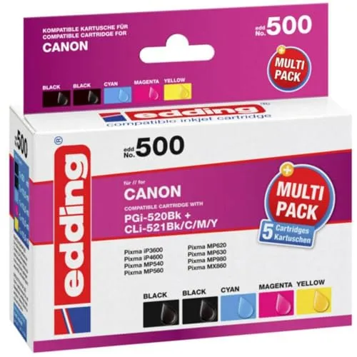 Edding 500 Tintenpatronen für Canon PGI-520BK & CLI-521 - Kompatible Tintenpatronen in Cyan, Gelb, Magenta und Schwarz für Canon Pixma Drucker, ideal für brillante Druckergebnisse und hohe Seitenleistung.