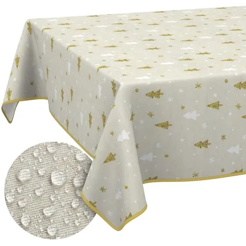 Weihnachtstischdecke Stofftischdecke Tischdecke Weihnachten abwaschbar pflegeleicht Weihnachten Weihnachtsbaum 90x130cm mit Saum (Eingefasst)