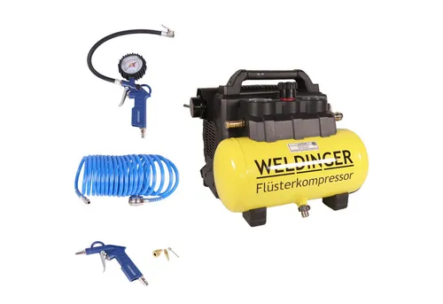 Flüster Kompressor Aktionsset WELDINGER FK 135 pocket - Kompressor mit 135 l/min Abgabeleistung, leise bei nur 65 dB, ideal für Arbeiten ohne Lärmbelästigung, inklusive 6-teiligem Druckluftset für vielseitige Anwendungen.