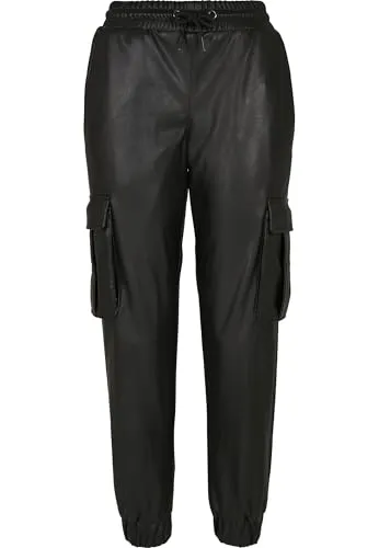 Urban Classics Damen Cargo Pants aus Kunstleder Schwarz L - Damen-Hosen mit elastischem Bund und Kordelzug, ideal für einen lässigen Look, ausgestattet mit praktischen Cargo-Taschen für zusätzlichen Stauraum.