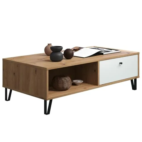 trendteam smart living Touch Couchtisch - Artisan Eiche/Weiß - Konsolentisch fürs Wohnzimmer mit 2 offenen Fächern und 2 Schubladen, modernes Design mit kratzfesten Oberflächen und stabilen Metallfüßen. Maße (BxHxT): 110 x 37 x 60 cm.