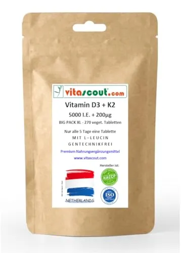 Vitamin D3 5000 IU Depot + K2 200µg + L-Leucin 30mg – 270 vegetarische Tabletten – Optimale Aufnahme im Körper – Nur eine Tablette alle 5 Tage – Hochdosiert - Ohne Gentechnik