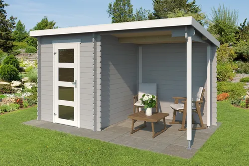Gartenhaus Blockhaus Pultdach 28 mm Jelle Plus grau - Gartenhaus aus robustem Holz mit 28 mm Wandstärke, abschließbar und ideal als Stauraum oder Freisitz im Garten. Maße: 390x195 cm, attraktives Pultdach und Echtglasverglasung.