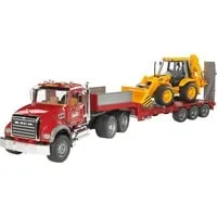Bruder LKW Modell Mack Granite mit JCB 4CX Bagger - realistische Fahrerhauskabine, voll funktionsfähiger Bagger und sicherer Halt durch ausfahrbare Stützen