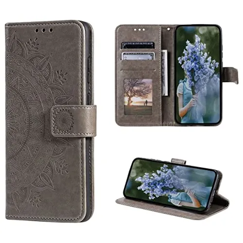 CoverKingz Handytasche kompatibel mit iPhone 14 Pro - Handy Case mit Kartenfach Handyhülle - Flipcase klappbar Motiv Mandala Grau