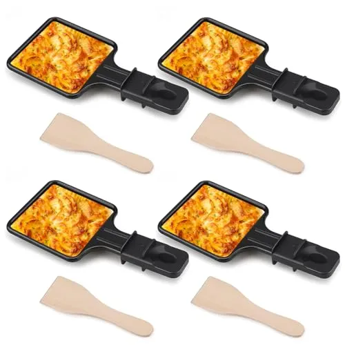 Salubohum 4 Stück Raclette Pfännchen, Käse Grillpfannen, antihaftbeschichtet, mit 4 Holzschaufeln für den universellen Elektrogrill, Grillen von Käse, Eiern