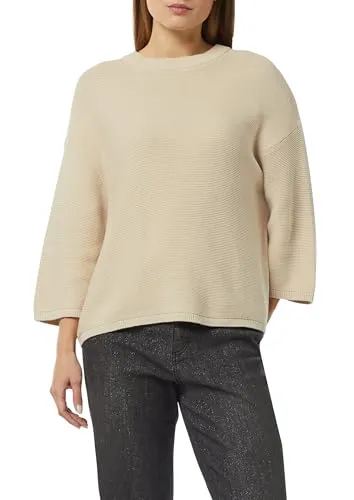 Comma Strickpullover im Relaxed Fit - Pullover für Damen, elastischer Baumwollstrick mit Rippblende und bequemen 3/4-Ärmeln für lässigen Tragekomfort.