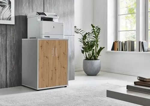 BMG Möbel Druckerschrank Bürokommode 74 cm hoch mit 2 Türen, 3 Einlegeböden, optimal als Erweiterung für Schreibtische wählbar in 18 verschiedenen Farbkombinationen (Lichtgrau/Artisan Eiche)