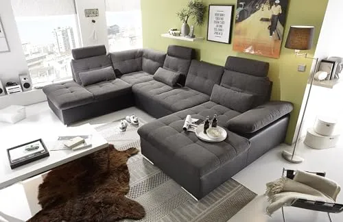 JAKARTA Wohnlandschaft U-Form in Lederoptik, Dunkelgrau - Moderne Sofas & Couches mit Schlaffunktion und Bettkasten für flexibles Wohnen. Hochwertige Lederoptik und bezogener Rücken ermöglichen individuelle Raumgestaltung.