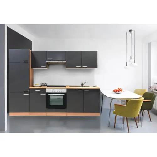 Respekta Küchenzeile Gerda 270 cm - Küchenzeile in Buche Grau, inklusive energiesparendem Einbauherdset und 4* Kühlschrank, ideal für moderne Küchen mit viel Stauraum.