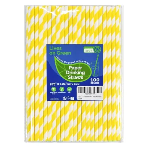 Lives on Green Gelb/Weiß Gestreiftes Einwegpapier Trinkhalme 19,7 x 0,6 cm 100 Stück - für Cocktail, Party, Saft, Wasser, Milch