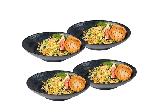 APS Geschirr-Set (4-tlg) für 4 Personen - Hochwertiges Melamin Geschirrset für Camping und Zuhause, bruchsicher, leicht und stilvoll mit schwarzem Dekor – ideal für Picknick und Garten.