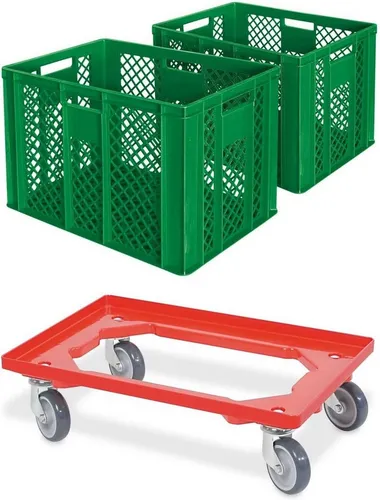 BRB-Lagertechnik Stapelbox 2x Eurobehälter/Bäckerkiste, LxBxH 600x400x410 mm + Transportroller, Stoßfest, robust und formstabil