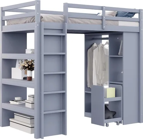 Kinderhochbett mit Stauraum und Regalen in Grau