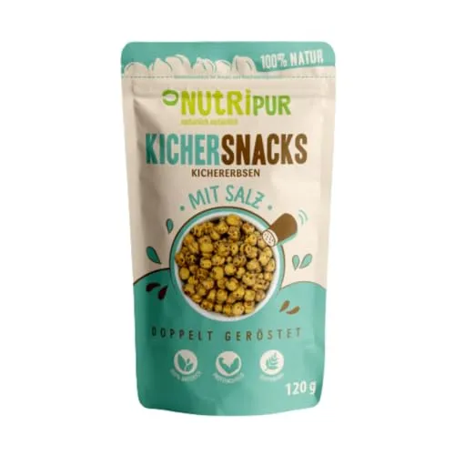 Kichererbsen Snack: 120g leckere Kichersnacks gesalzen – Aus doppelt gerösteten Kichererbsen – Gesalzene Kichererbsen geröstet – Kicher Erbsen Snack vegan – Natürliche Knabbereien geroestet NutriPur