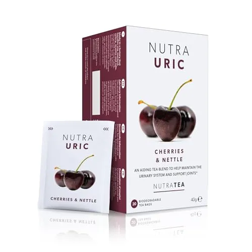 Nutra Tea NUTRAURIC Blasen und Nierentee, Brennnesseltee fördert Entwässerung, trägt zur Gesundheit der Gelenke bei, 20 wiederverwendbare Teebeutel, Kräutertee mit Kirschen & Brennnessel