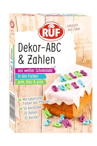 RUF Dekor ABC-Buchstaben und Zahlen für süße Botschaften aus weißer Schokolade mit natürlichen Farben aus Lebensmitteln, in grün, lila und blau, glutenfrei, 1x32g