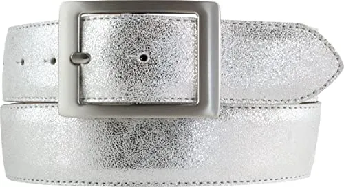 BELTINGER Hochwertiger Gürtel Metall-Optik mit Doppel-Schließe 4cm | Leder-Gürtel Metallic-Look 40mm Echt Leder | Metall-Ledergürtel | Silber 110cm