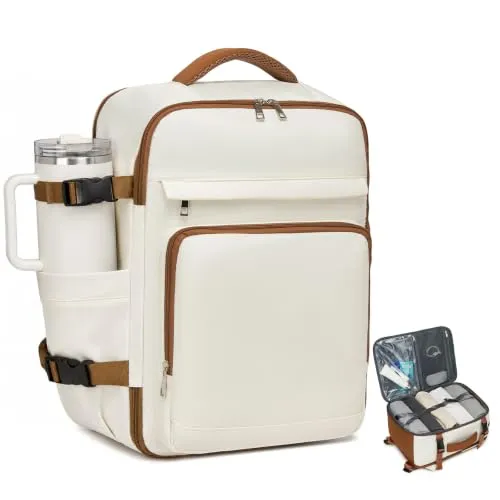 KONO Handgepäck Rucksack 40x30x20 Flugzeug Reiserucksack, Beige Classic | 180° Öffnung für einfaches Packen und sichere Aufbewahrung