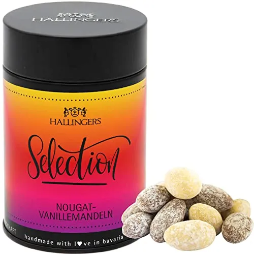 Hallingers Genuss Manufaktur Nougat-schokolierte Vanille-Mandeln handgemacht - fix und fertig als Geschenk