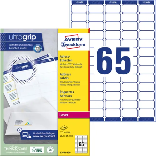 AVERY Zweckform L7651-100 Adressetiketten - 6.500 selbstklebende Adressetiketten im Format 38,1x21,2mm, ideal für Absenderetiketten auf Briefen und Päckchen. Mit innovativer ultragrip-Technologie für perfekten Druckereinzug und staufreien Druck.